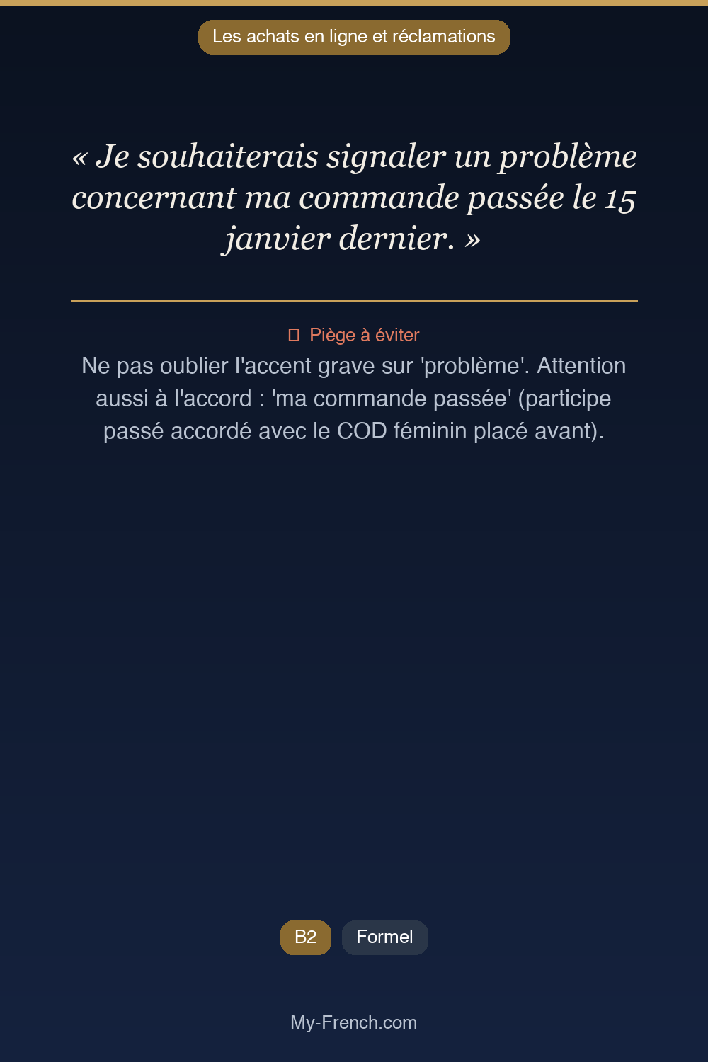 Phrase de français professionnel : Je souhaiterais signaler un problème concernant ma commande passée le 15 janvier dernier.