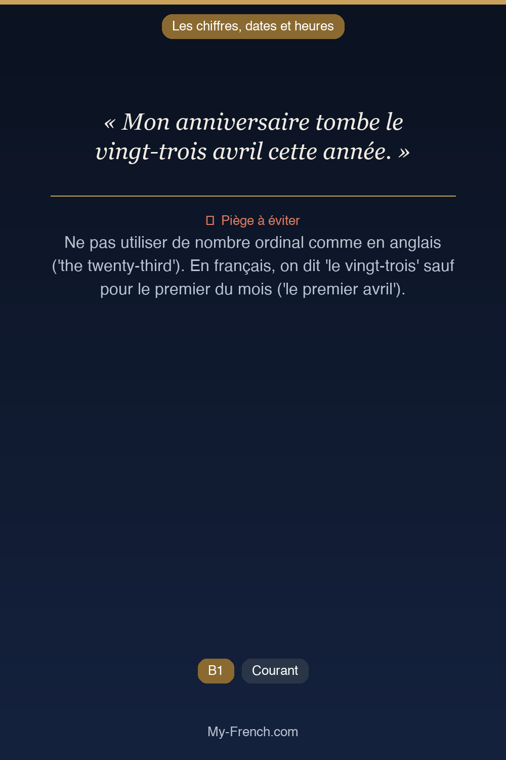 Phrase de français professionnel : Mon anniversaire tombe le vingt-trois avril cette année.