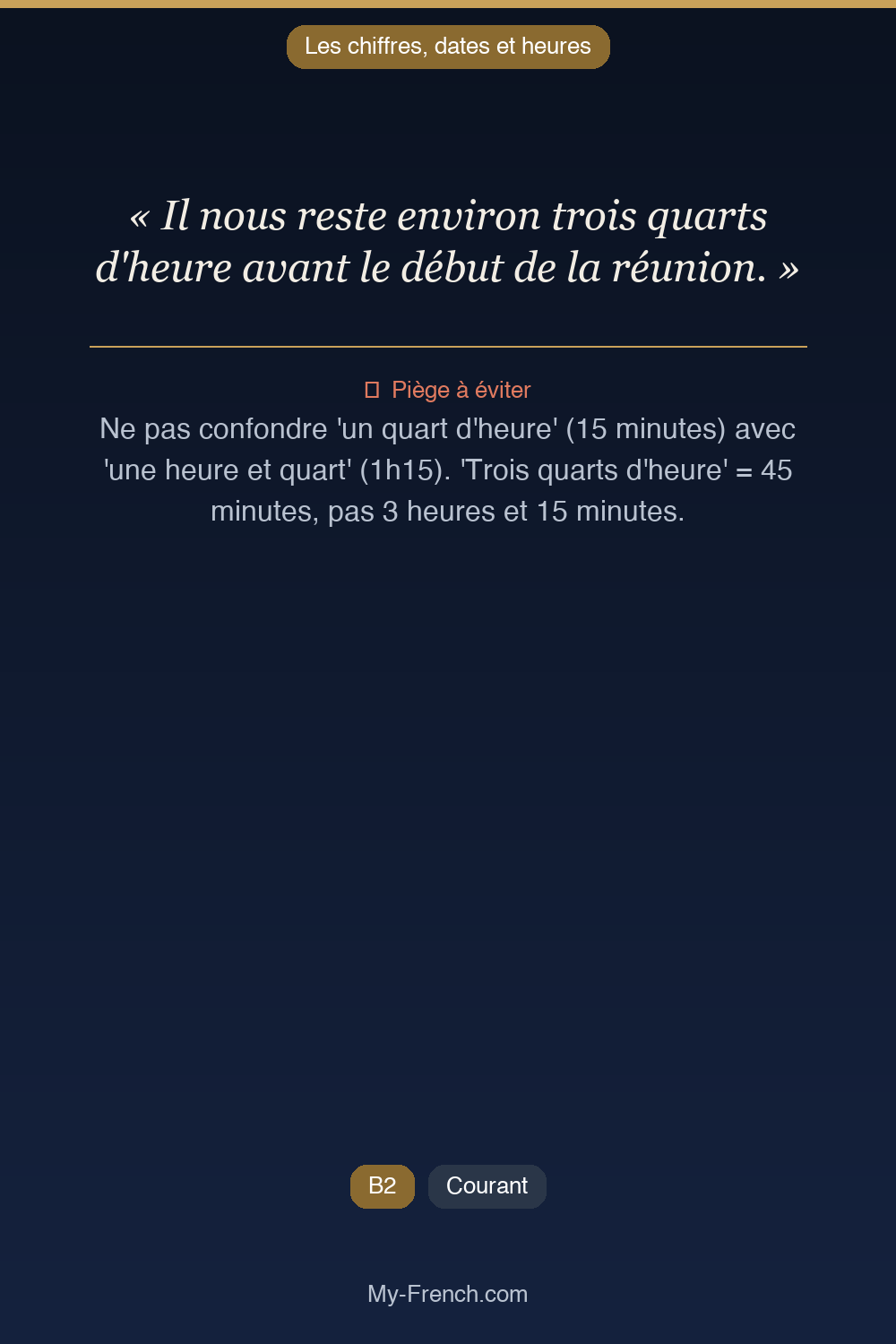 Phrase de français professionnel : Il nous reste environ trois quarts d'heure avant le début de la réunion.