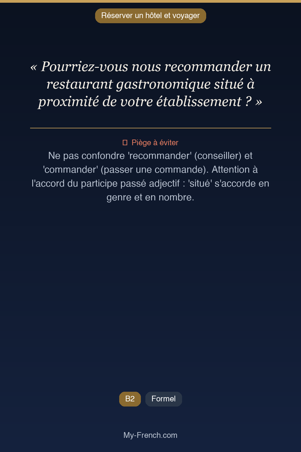 Phrase de français professionnel : Pourriez-vous nous recommander un restaurant gastronomique situé à proximité de votre établissement ?