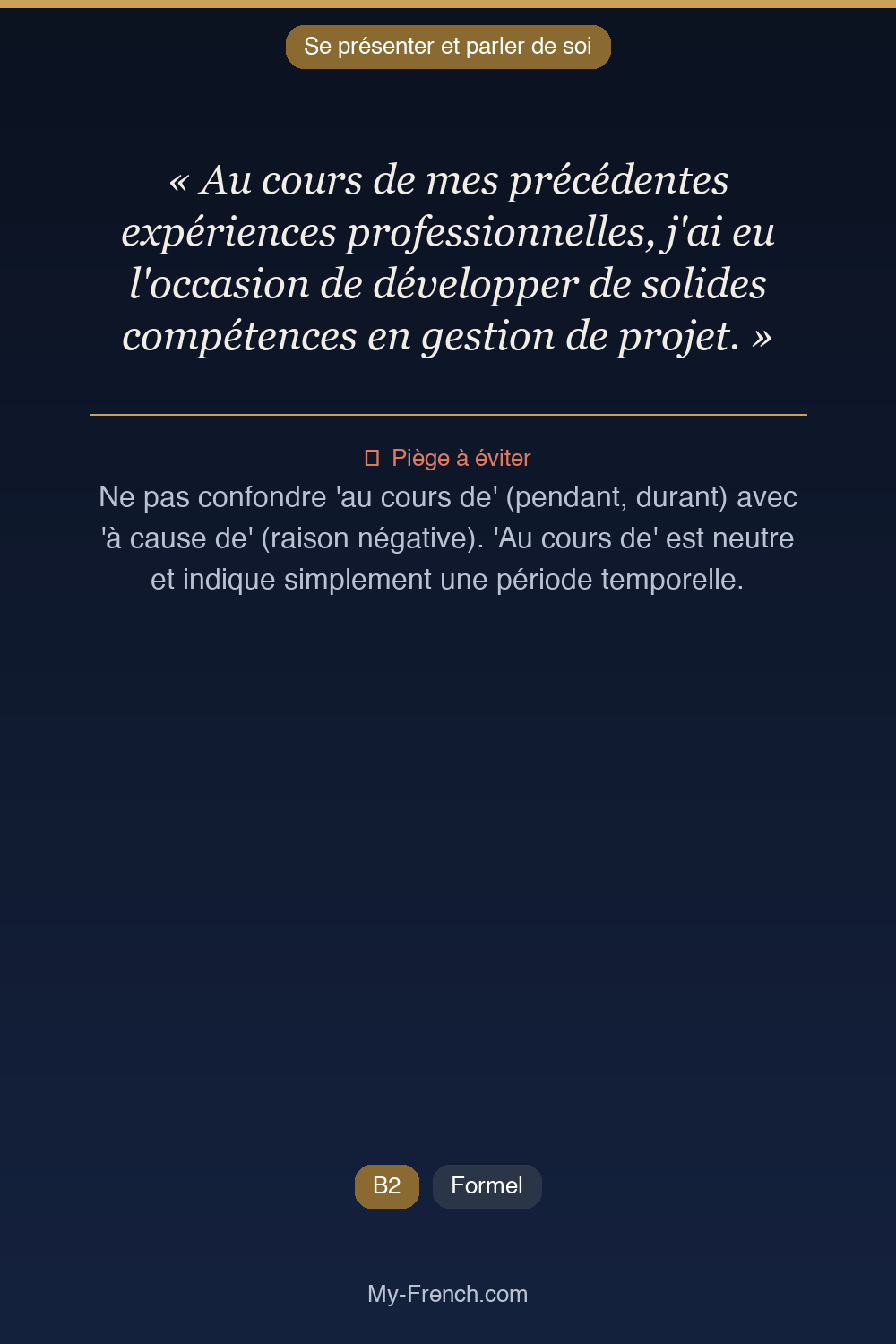 Phrase de français professionnel : Au cours de mes précédentes expériences professionnelles, j'ai eu l'occasion de développer de solides compétences en gestion de projet.