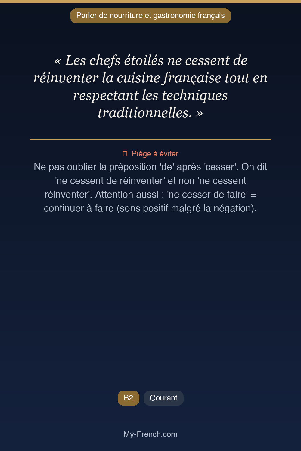 Phrase de français professionnel : Les chefs étoilés ne cessent de réinventer la cuisine française tout en respectant les techniques traditionnelles.