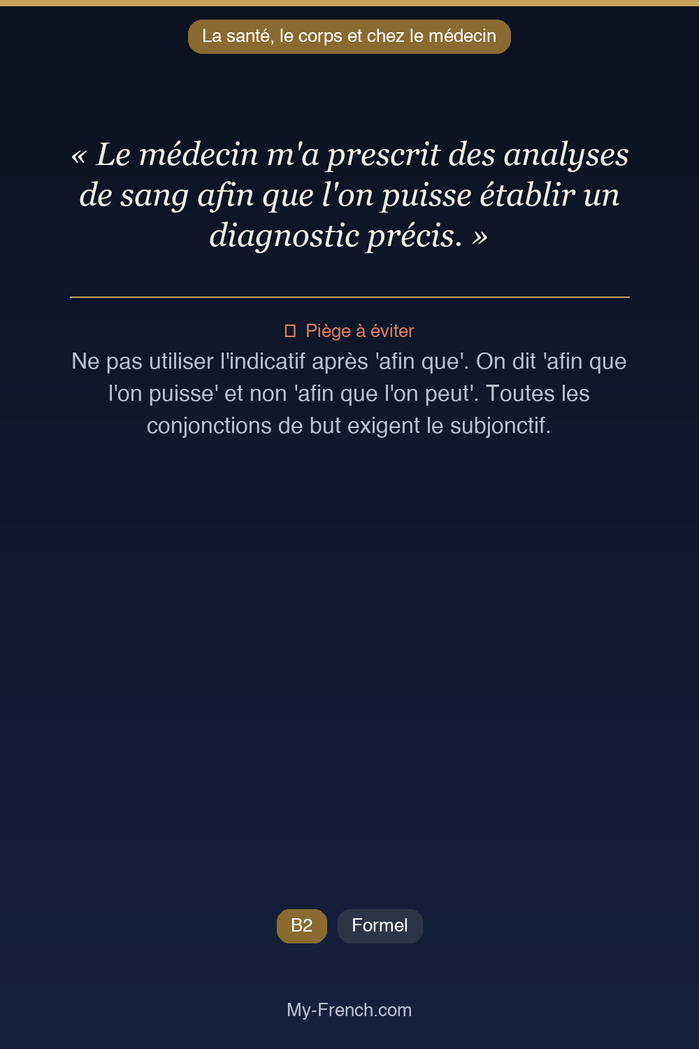 Phrase de français professionnel : Le médecin m'a prescrit des analyses de sang afin que l'on puisse établir un diagnostic précis.