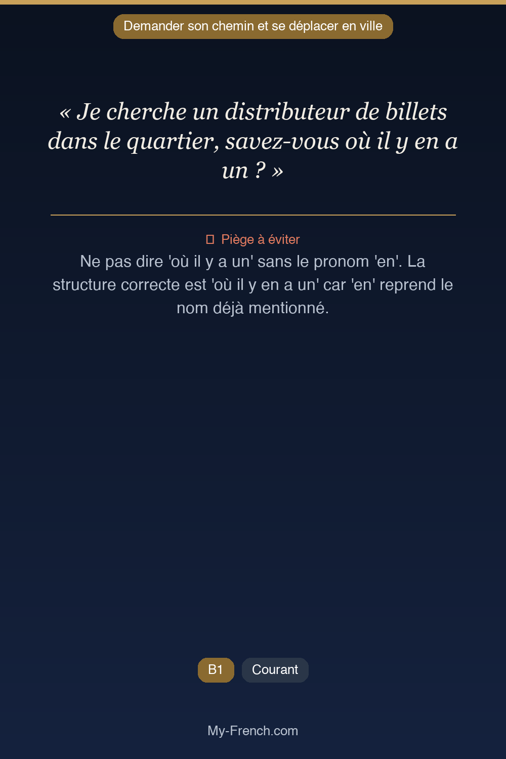 Phrase de français professionnel : Je cherche un distributeur de billets dans le quartier, savez-vous où il y en a un ?
