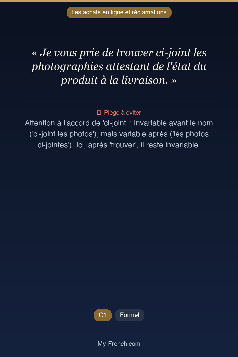 Phrase de français professionnel : Je vous prie de trouver ci-joint les photographies attestant de l'état du produit à la livraison.