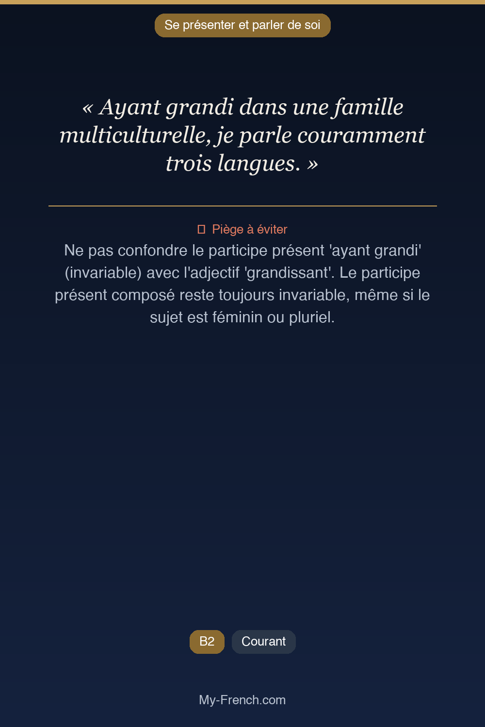 Phrase de français professionnel : Ayant grandi dans une famille multiculturelle, je parle couramment trois langues.