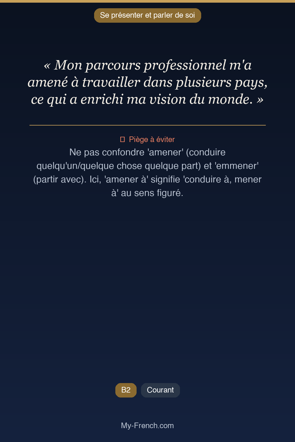 Phrase de français professionnel : Mon parcours professionnel m'a amené à travailler dans plusieurs pays, ce qui a enrichi ma vision du monde.