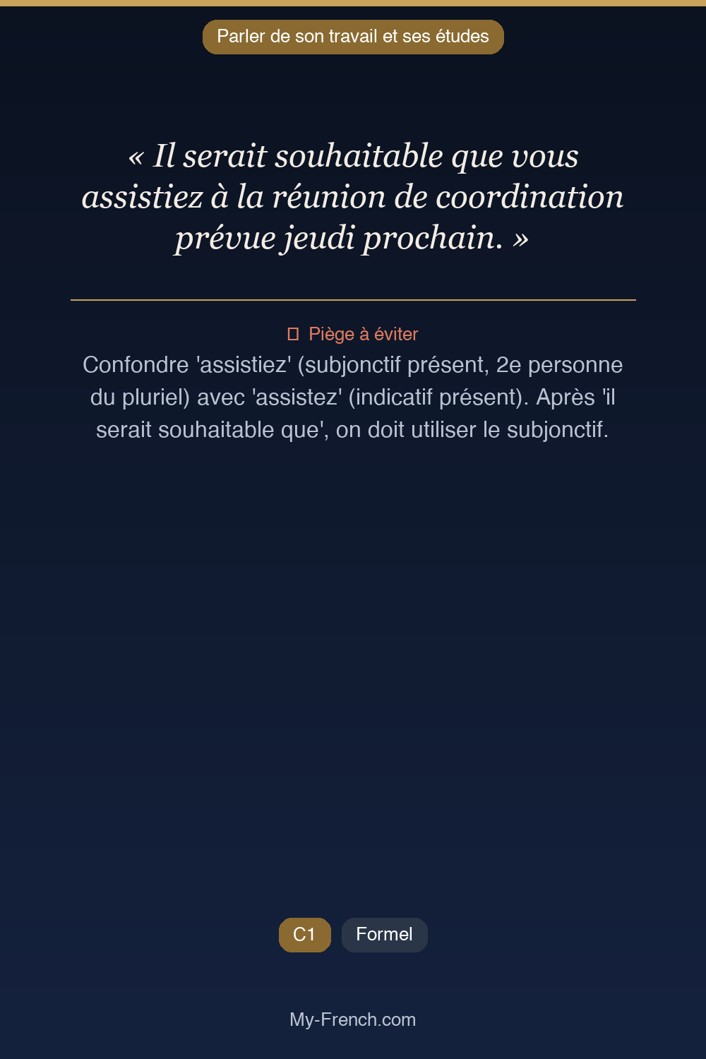 Phrase de français professionnel : Il serait souhaitable que vous assistiez à la réunion de coordination prévue jeudi prochain.