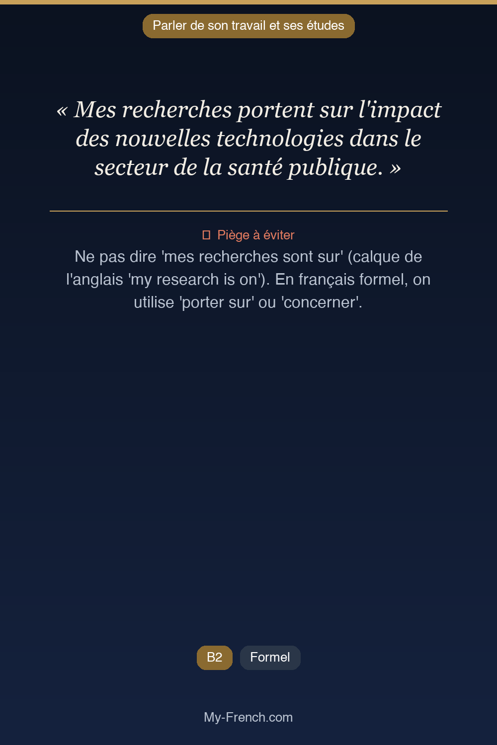 Phrase de français professionnel : Mes recherches portent sur l'impact des nouvelles technologies dans le secteur de la santé publique.