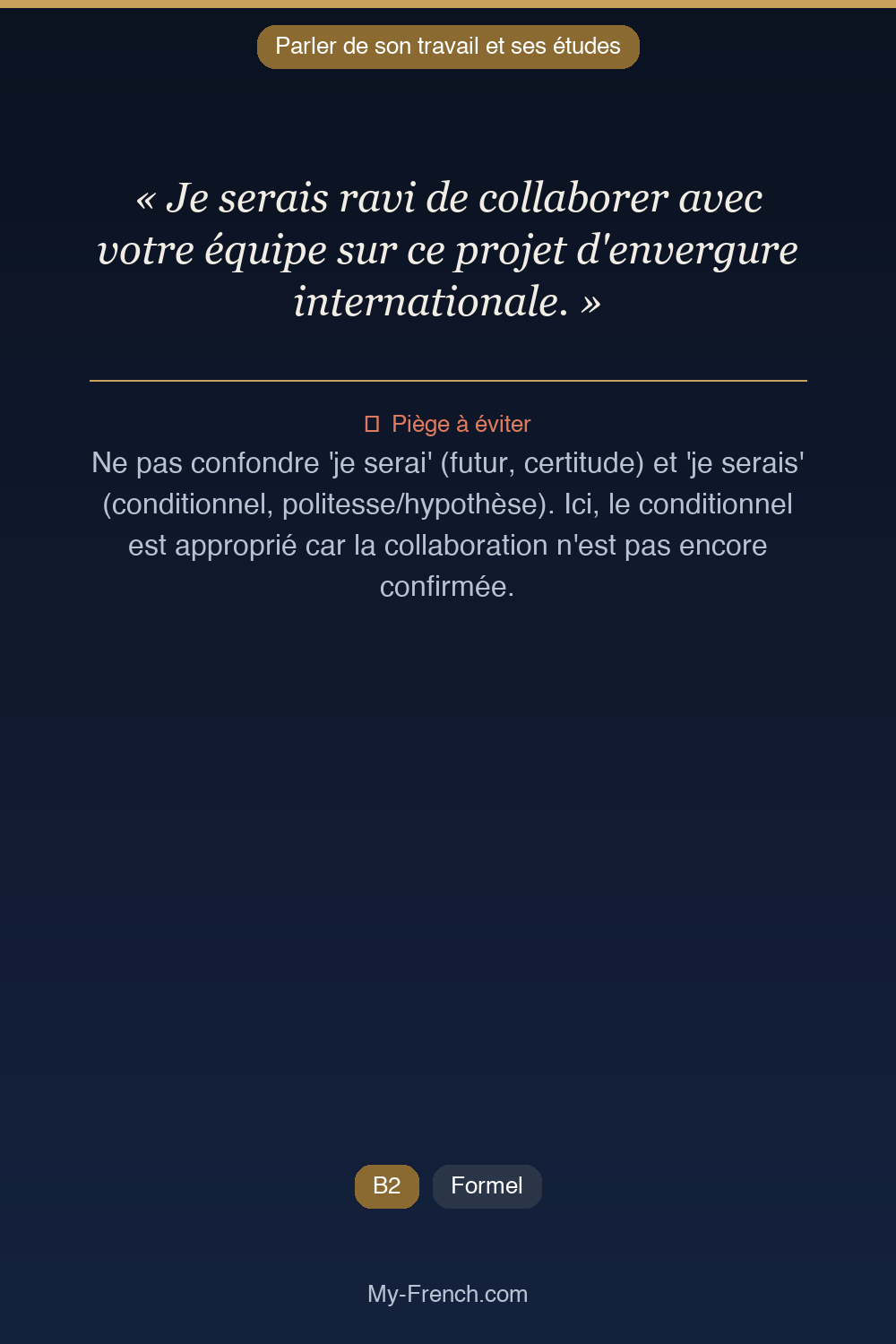 Phrase de français professionnel : Je serais ravi de collaborer avec votre équipe sur ce projet d'envergure internationale.