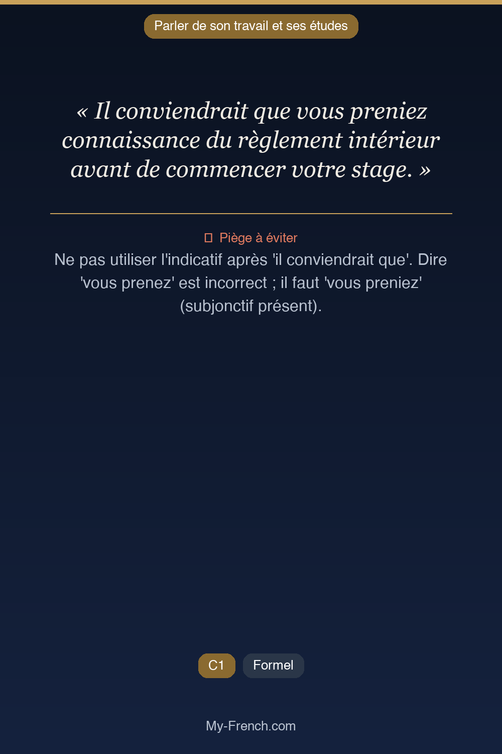 Phrase de français professionnel : Il conviendrait que vous preniez connaissance du règlement intérieur avant de commencer votre stage.