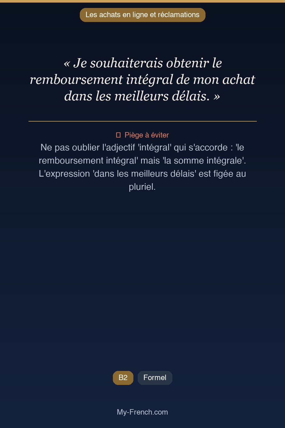 Phrase de français professionnel : Je souhaiterais obtenir le remboursement intégral de mon achat dans les meilleurs délais.