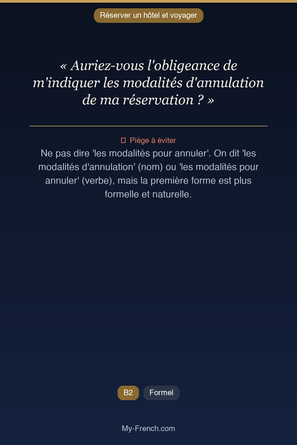Phrase de français professionnel : Auriez-vous l'obligeance de m'indiquer les modalités d'annulation de ma réservation ?