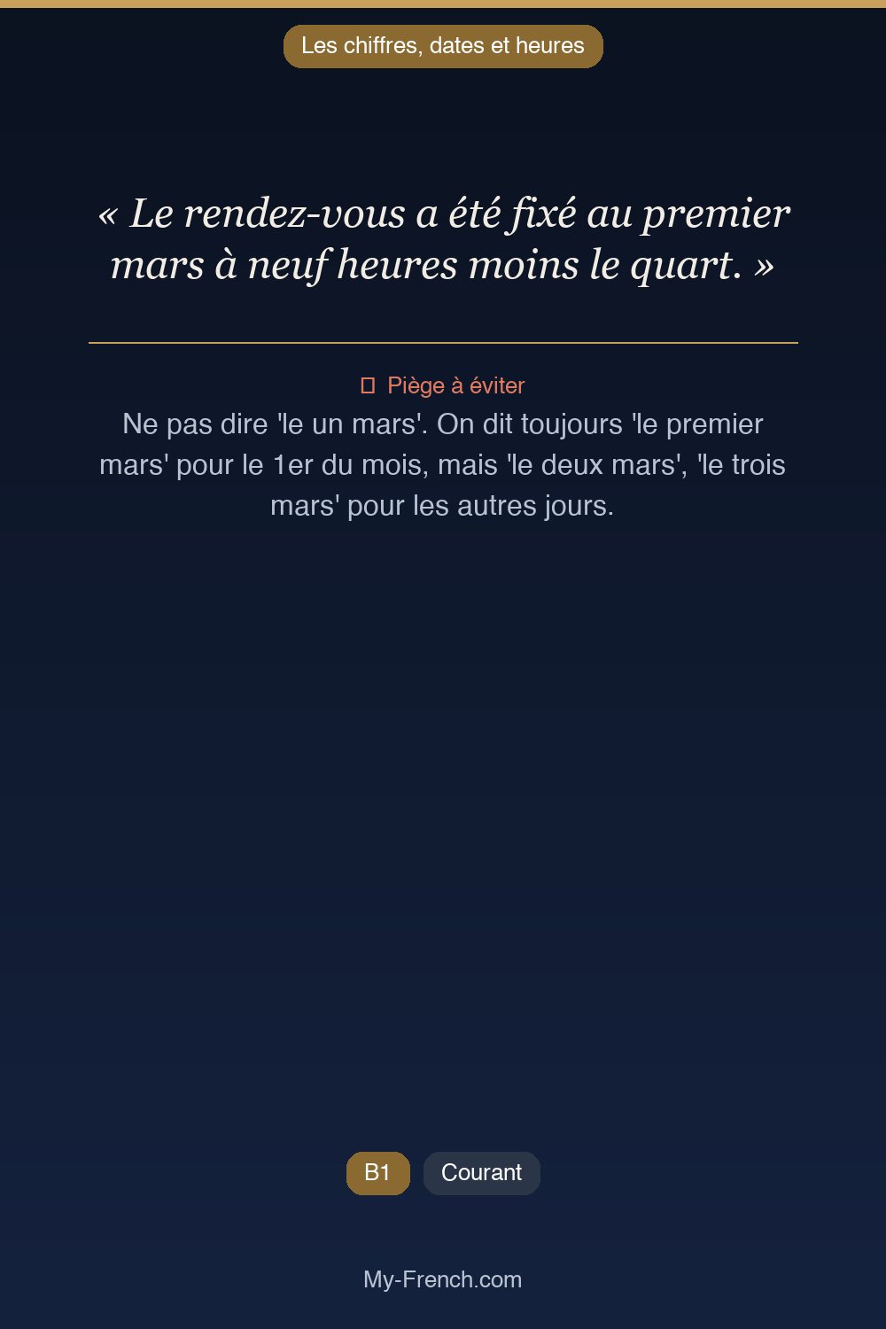 Phrase de français professionnel : Le rendez-vous a été fixé au premier mars à neuf heures moins le quart.