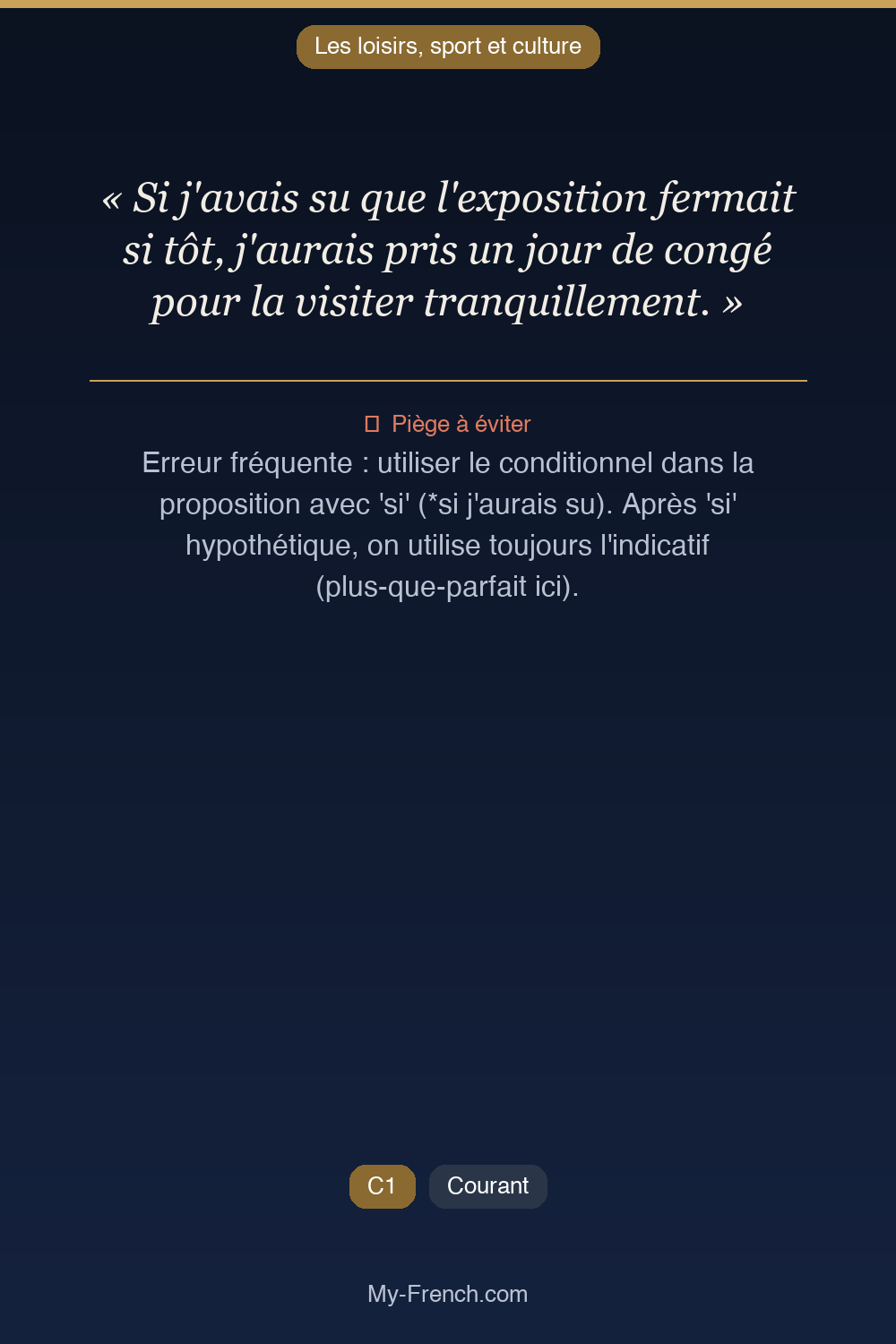 Phrase de français professionnel : Si j'avais su que l'exposition fermait si tôt, j'aurais pris un jour de congé pour la visiter tranquillement.
