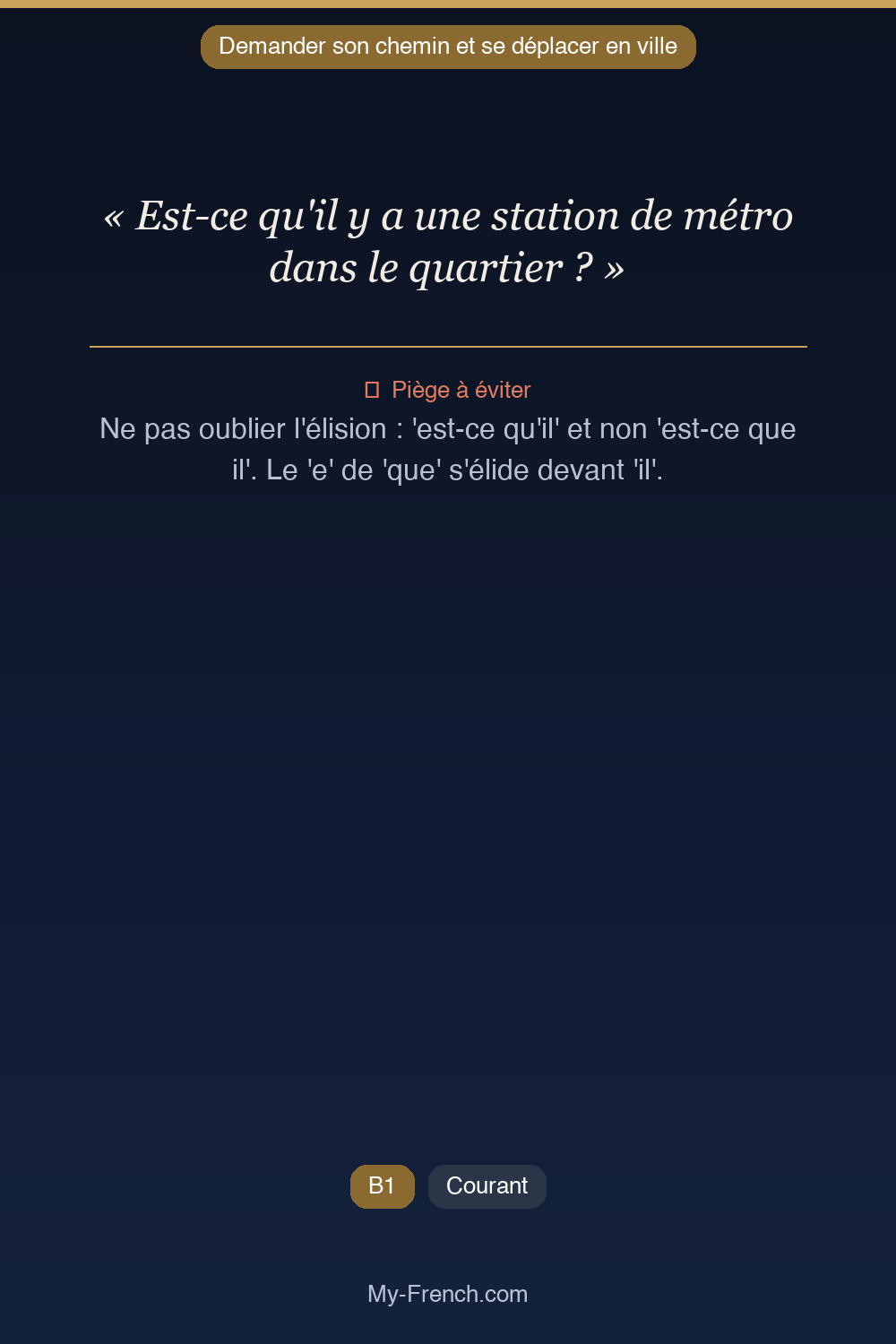 Phrase de français professionnel : Est-ce qu'il y a une station de métro dans le quartier ?