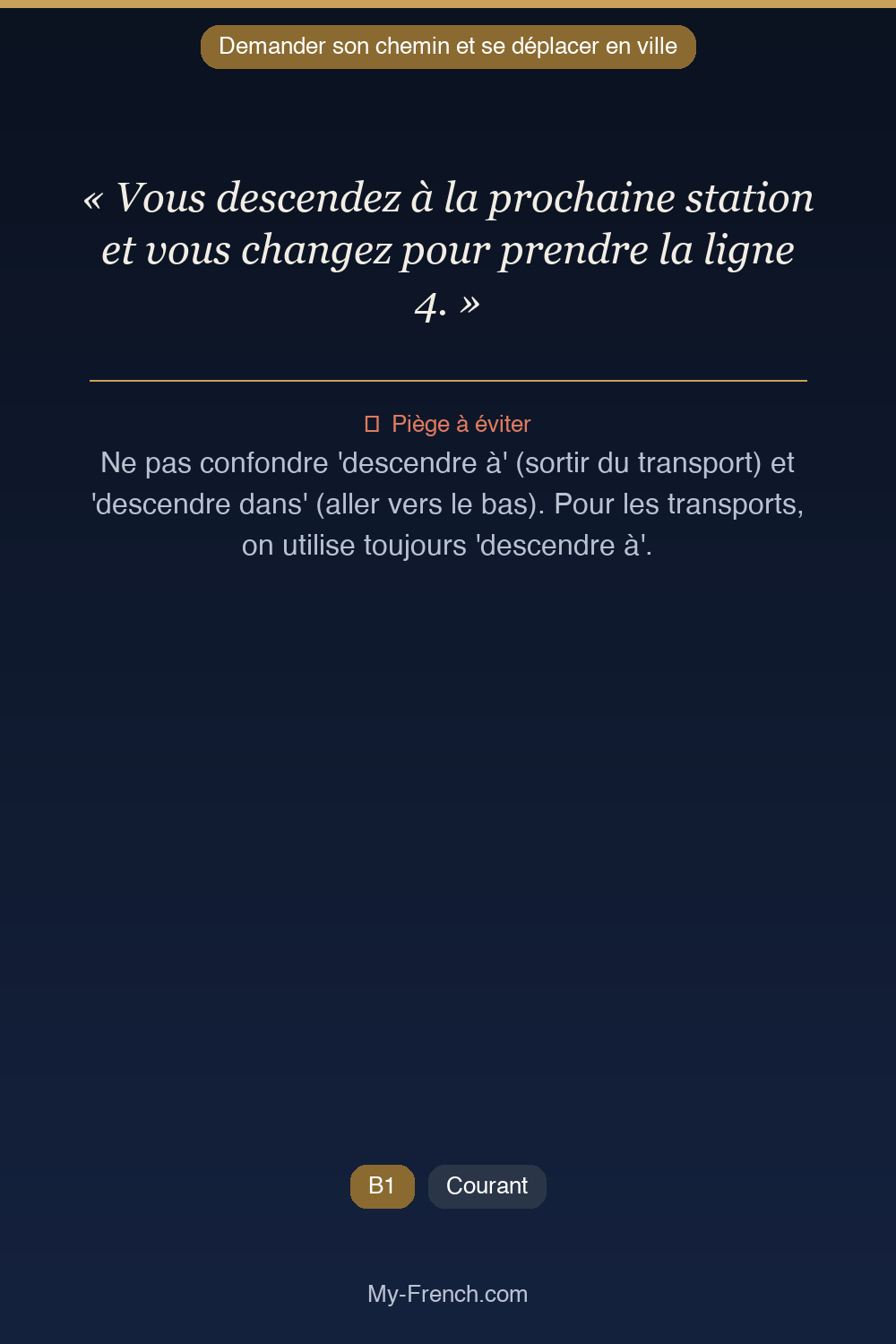 Phrase de français professionnel : Vous descendez à la prochaine station et vous changez pour prendre la ligne 4.