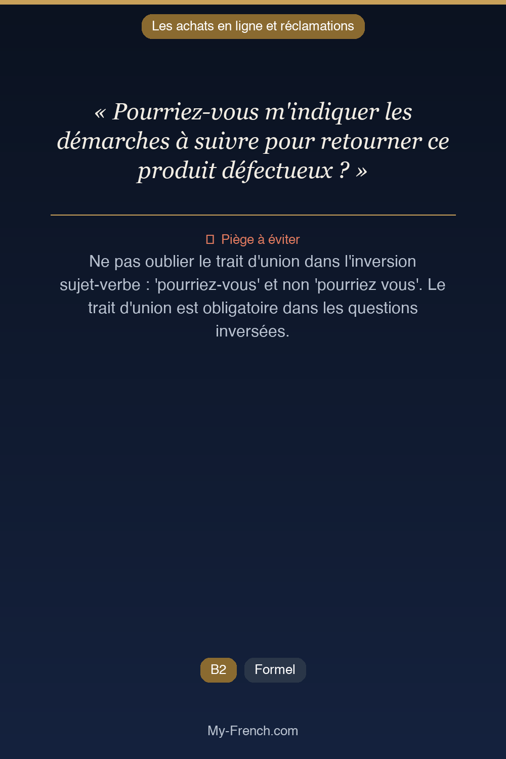 Phrase de français professionnel : Pourriez-vous m'indiquer les démarches à suivre pour retourner ce produit défectueux ?