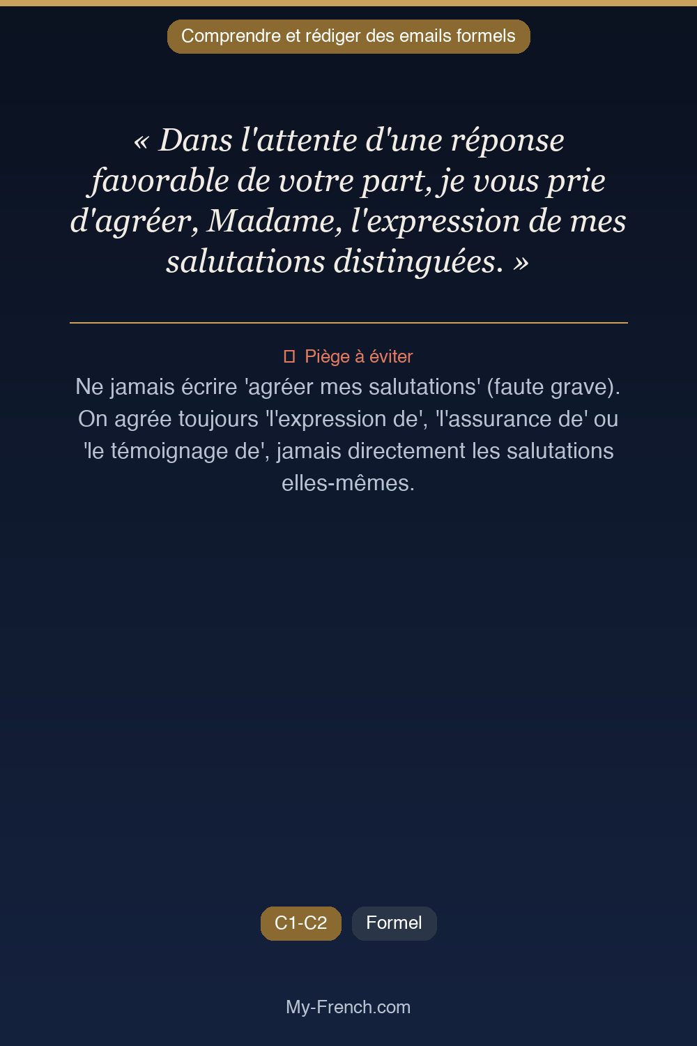 Phrase de français professionnel : Dans l'attente d'une réponse favorable de votre part, je vous prie d'agréer, Madame, l'expression de mes salutations distinguées.
