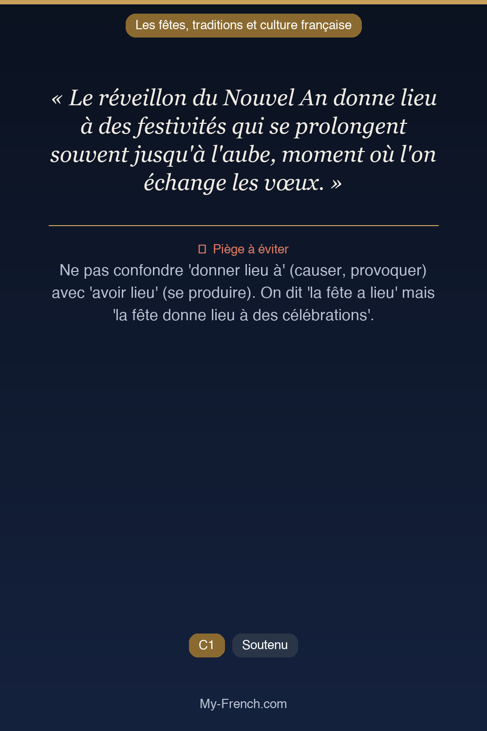 Phrase de français professionnel : Le réveillon du Nouvel An donne lieu à des festivités qui se prolongent souvent jusqu'à l'aube, moment où l'on échange les vœux.