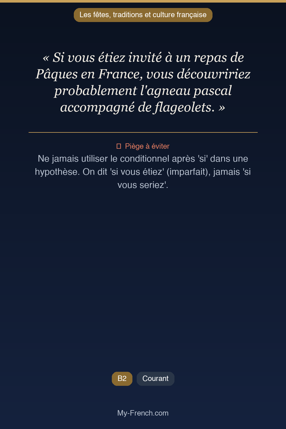Phrase de français professionnel : Si vous étiez invité à un repas de Pâques en France, vous découvririez probablement l'agneau pascal accompagné de flageolets.