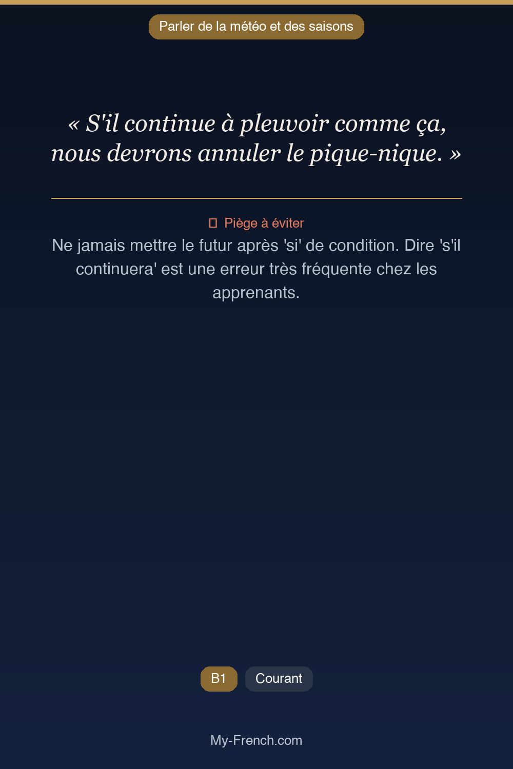 Phrase de français professionnel : S'il continue à pleuvoir comme ça, nous devrons annuler le pique-nique.