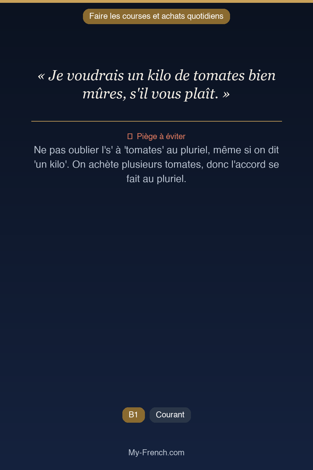 Phrase de français professionnel : Je voudrais un kilo de tomates bien mûres, s'il vous plaît.