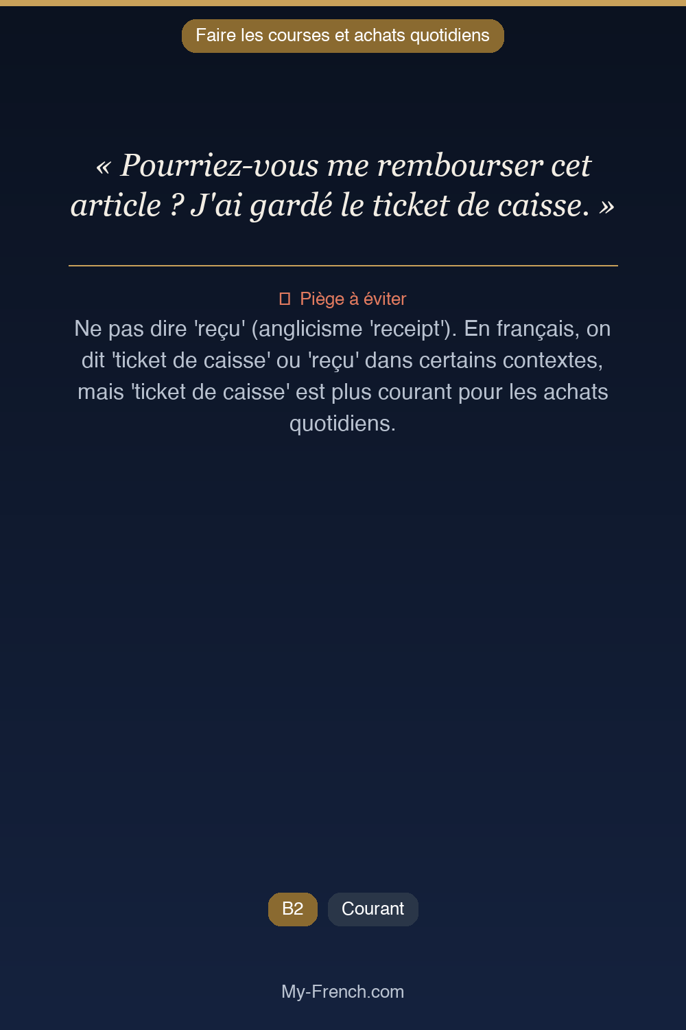 Phrase de français professionnel : Pourriez-vous me rembourser cet article ? J'ai gardé le ticket de caisse.