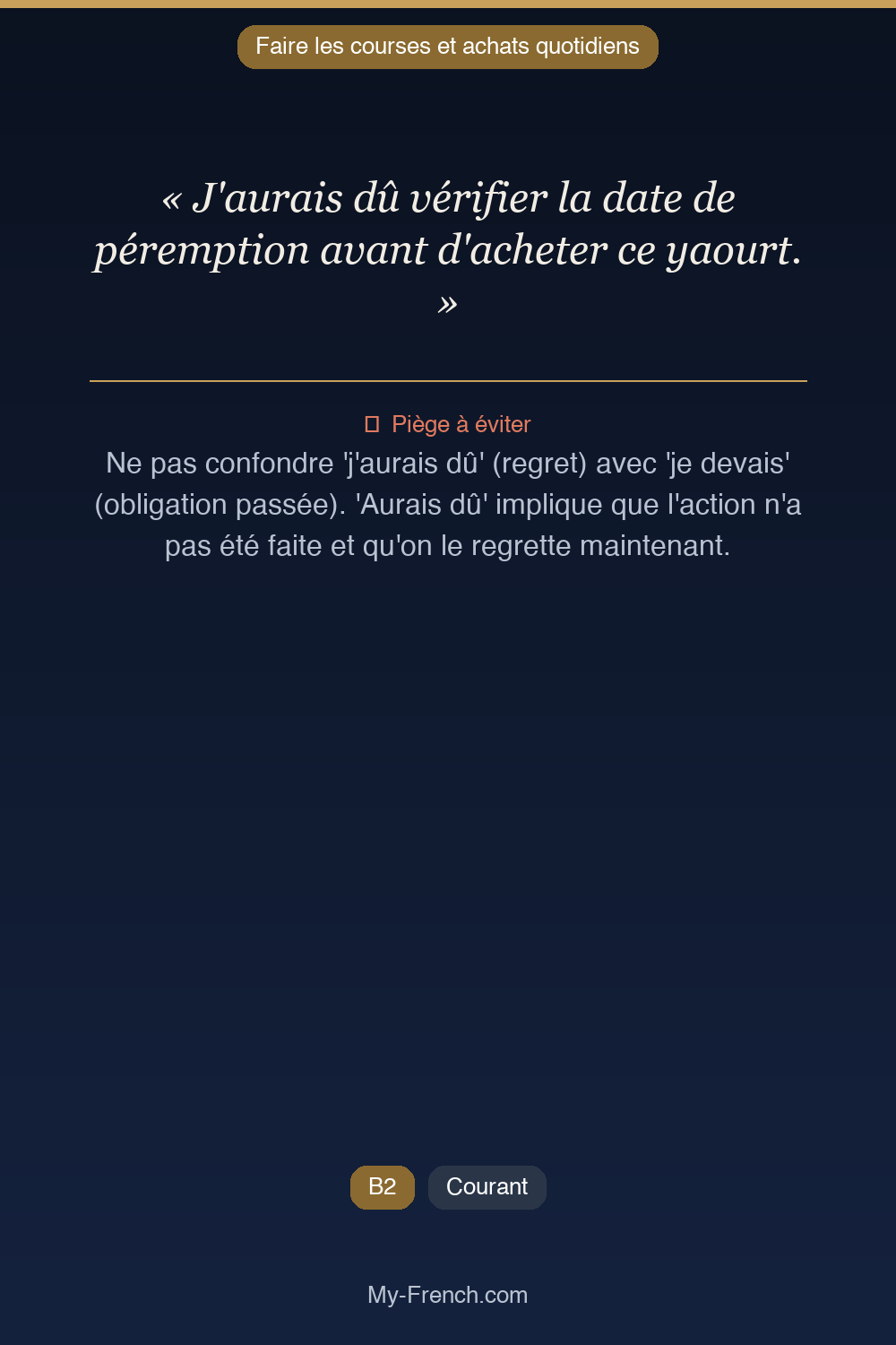 Phrase de français professionnel : J'aurais dû vérifier la date de péremption avant d'acheter ce yaourt.