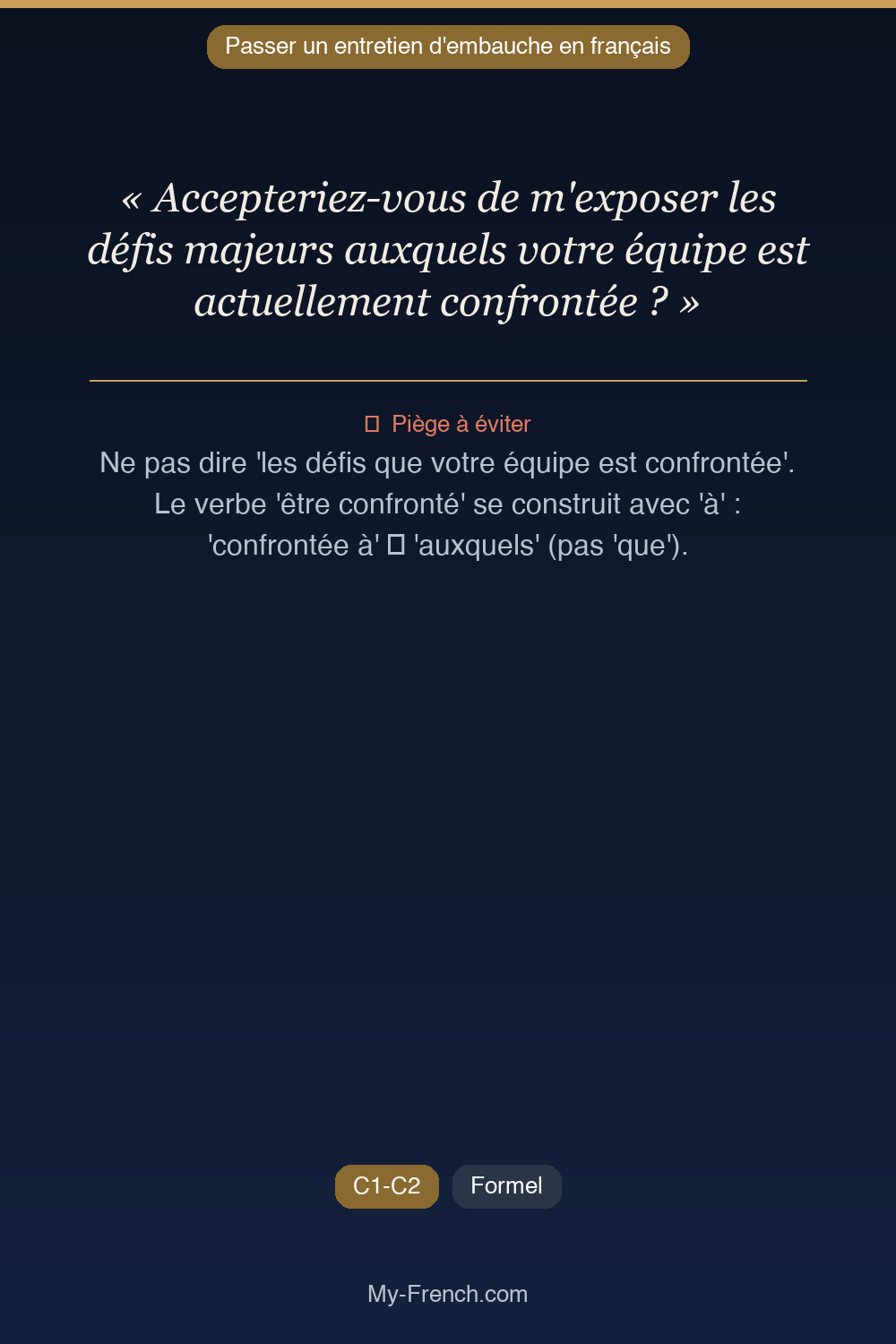 Phrase de français professionnel : Accepteriez-vous de m'exposer les défis majeurs auxquels votre équipe est actuellement confrontée ?