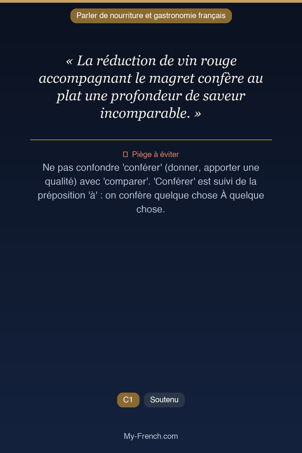 Phrase de français professionnel : La réduction de vin rouge accompagnant le magret confère au plat une profondeur de saveur incomparable.