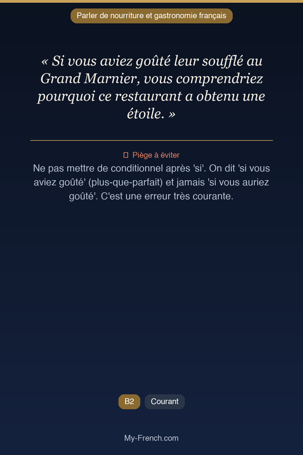 Phrase de français professionnel : Si vous aviez goûté leur soufflé au Grand Marnier, vous comprendriez pourquoi ce restaurant a obtenu une étoile.
