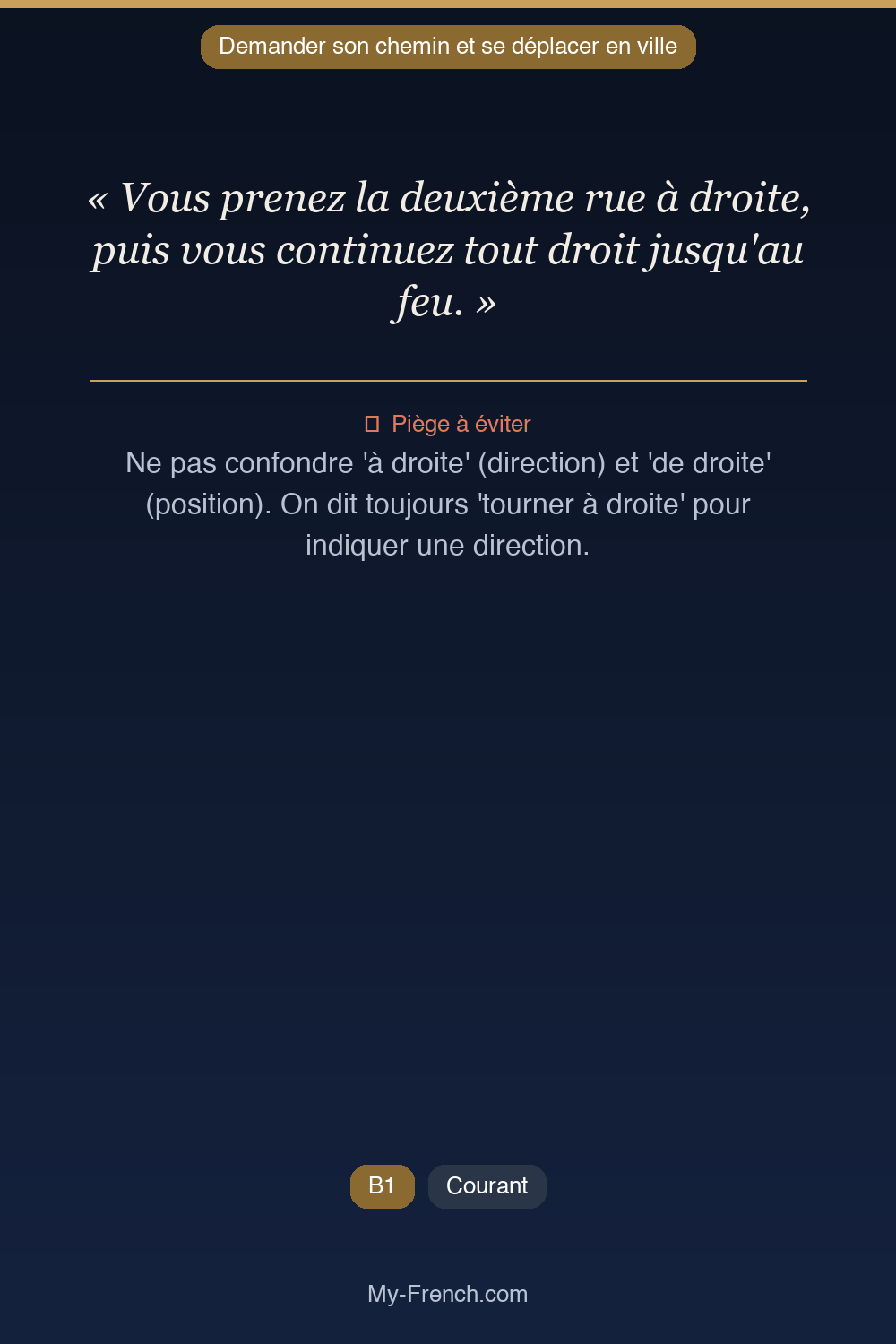 Phrase de français professionnel : Vous prenez la deuxième rue à droite, puis vous continuez tout droit jusqu'au feu.