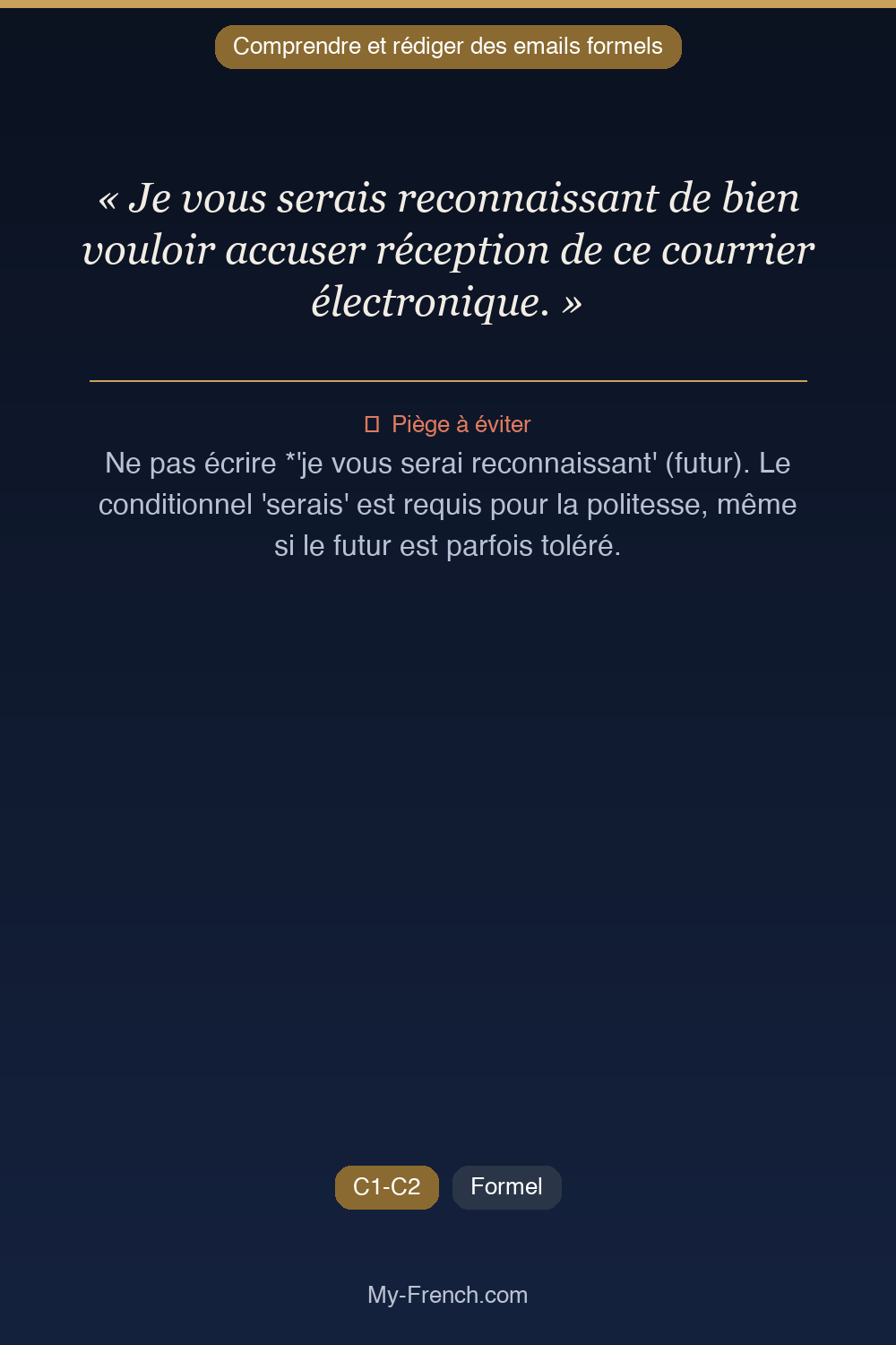 Phrase de français professionnel : Je vous serais reconnaissant de bien vouloir accuser réception de ce courrier électronique.
