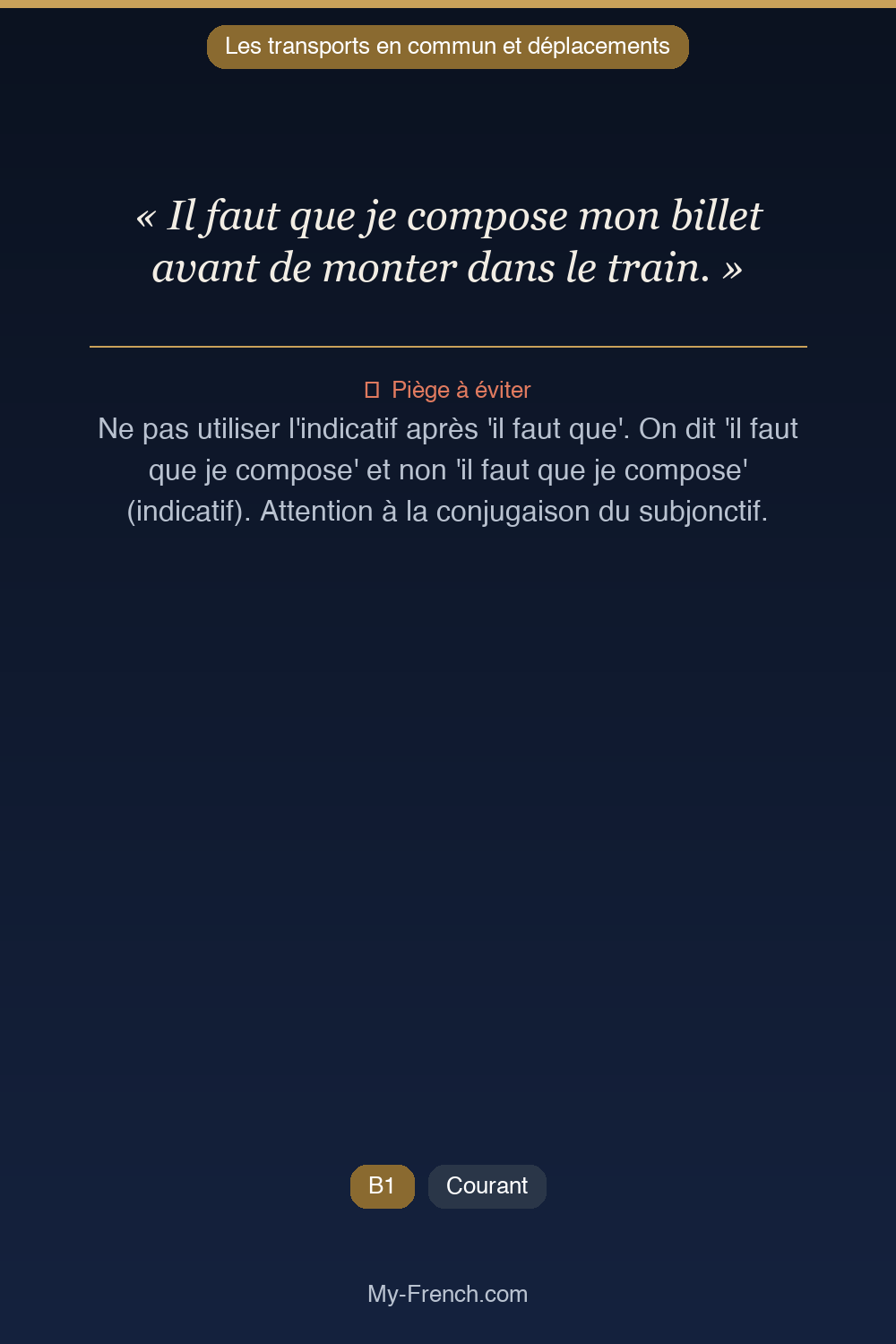 Phrase de français professionnel : Il faut que je compose mon billet avant de monter dans le train.