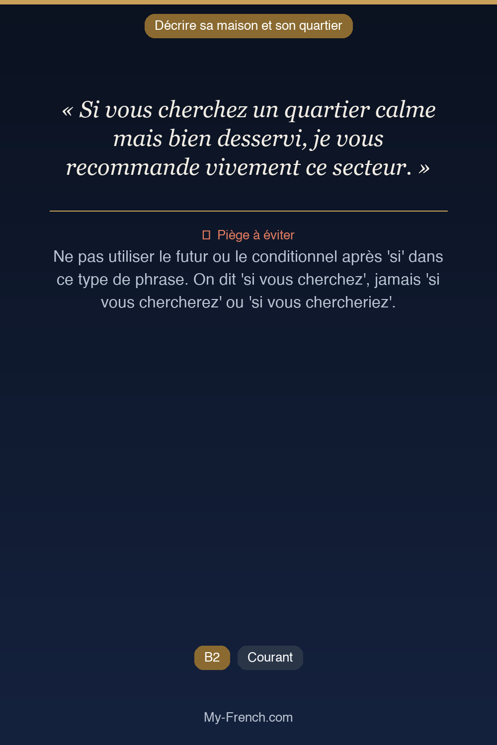 Phrase de français professionnel : Si vous cherchez un quartier calme mais bien desservi, je vous recommande vivement ce secteur.