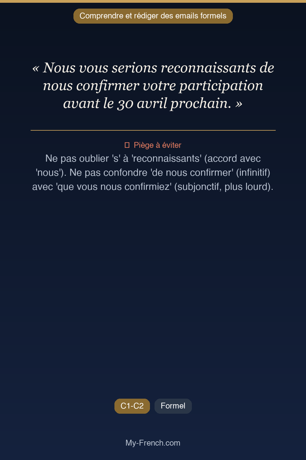 Phrase de français professionnel : Nous vous serions reconnaissants de nous confirmer votre participation avant le 30 avril prochain.