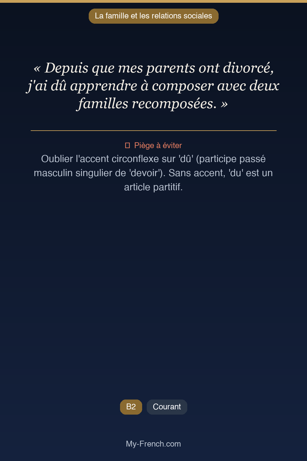 Phrase de français professionnel : Depuis que mes parents ont divorcé, j'ai dû apprendre à composer avec deux familles recomposées.