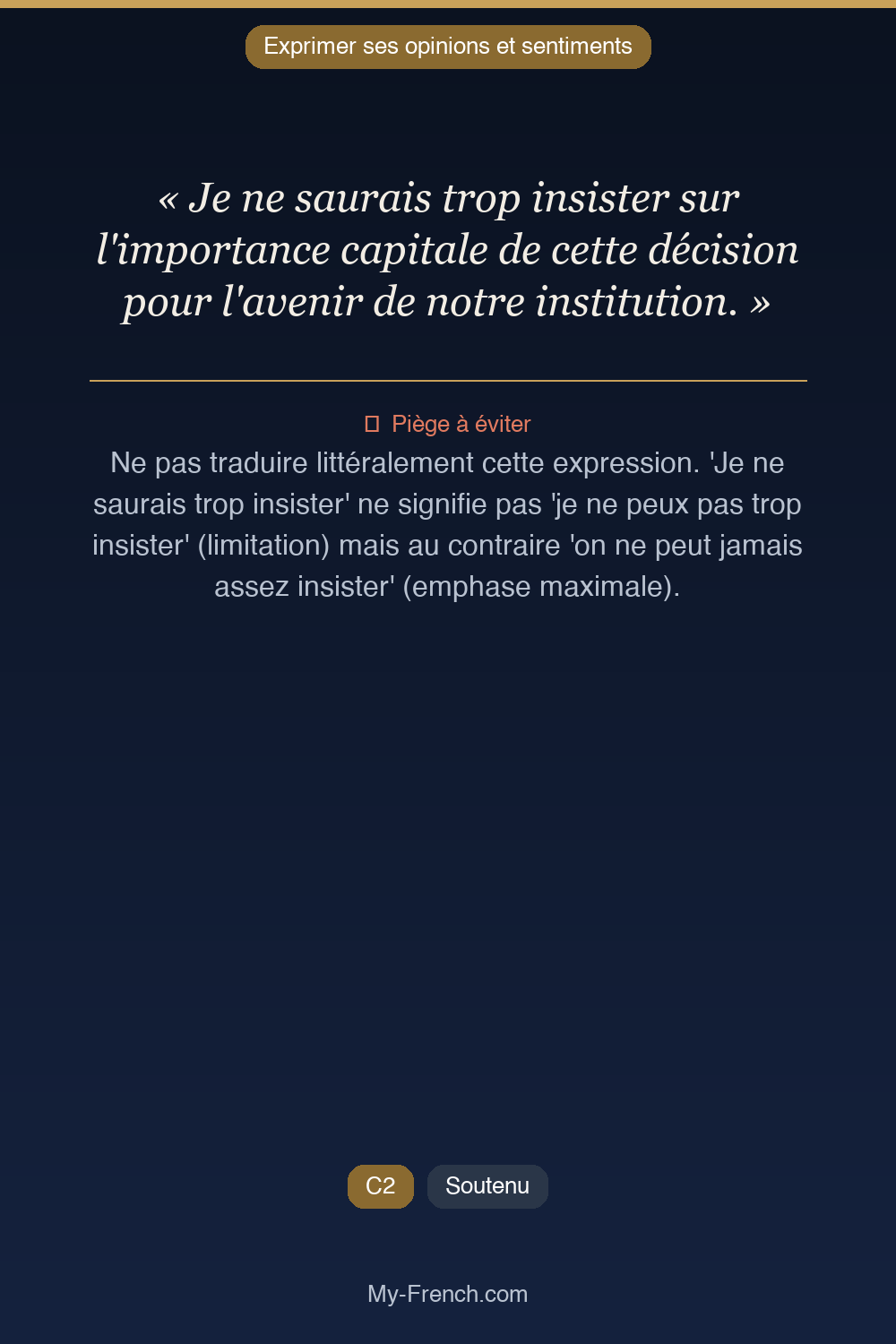 Phrase de français professionnel : Je ne saurais trop insister sur l'importance capitale de cette décision pour l'avenir de notre institution.