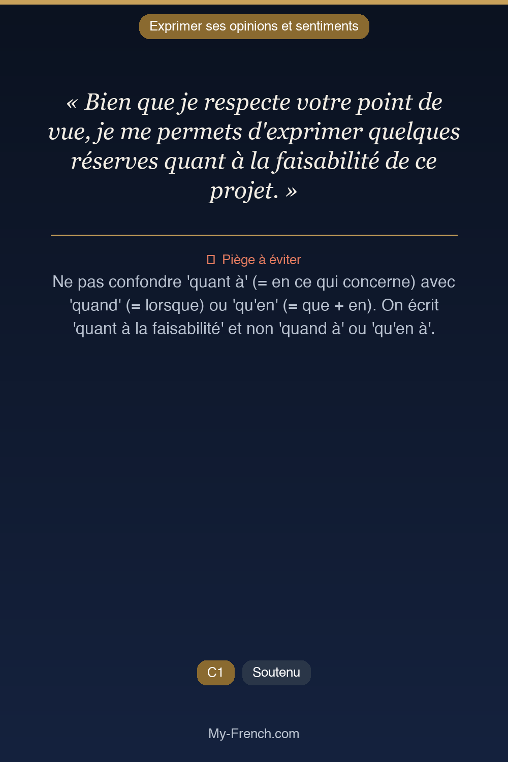 Phrase de français professionnel : Bien que je respecte votre point de vue, je me permets d'exprimer quelques réserves quant à la faisabilité de ce projet.