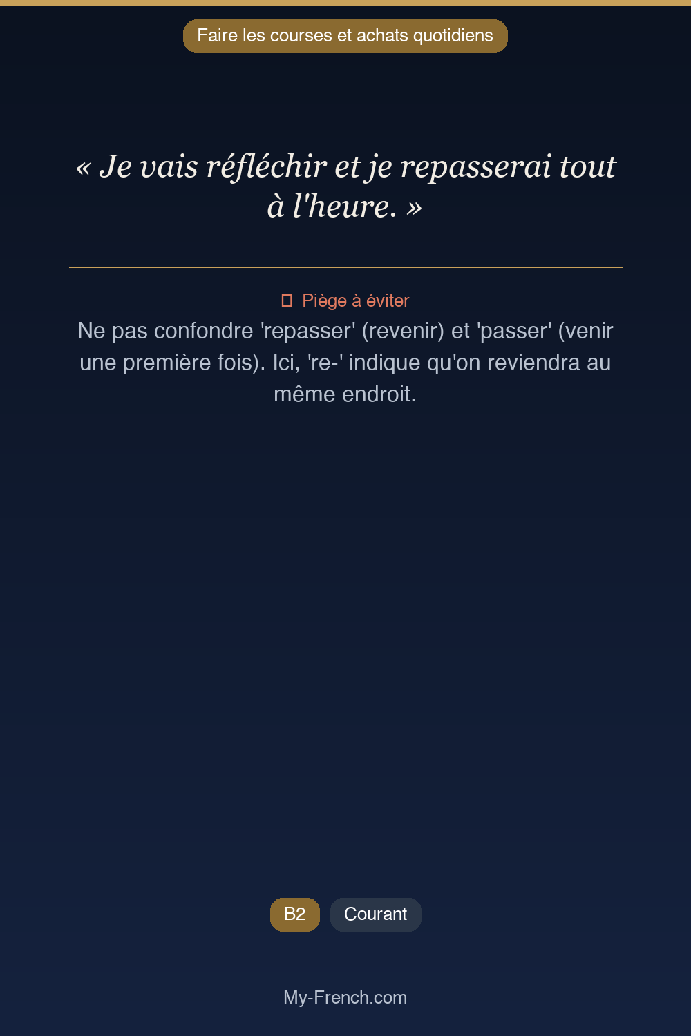Phrase de français professionnel : Je vais réfléchir et je repasserai tout à l'heure.