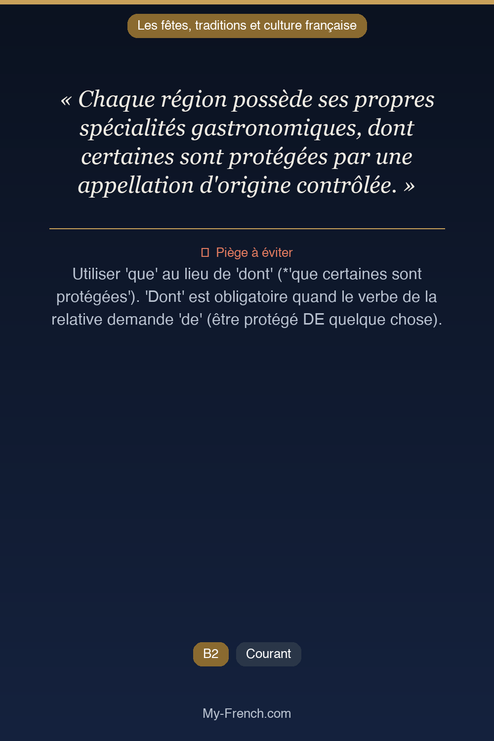 Phrase de français professionnel : Chaque région possède ses propres spécialités gastronomiques, dont certaines sont protégées par une appellation d'origine contrôlée.