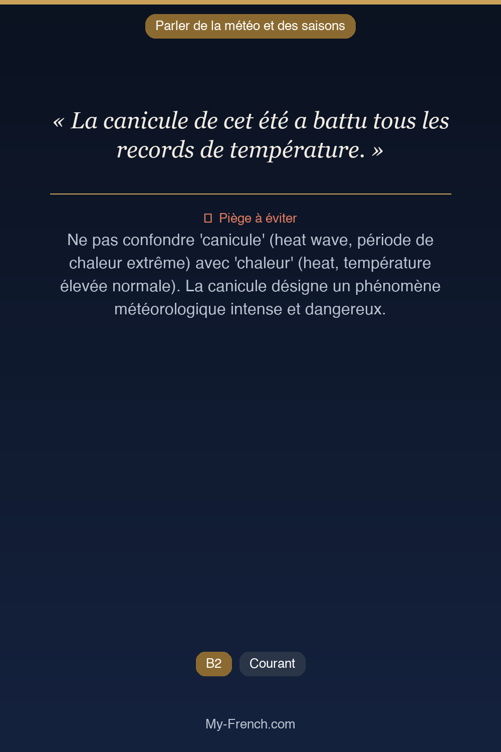 Phrase de français professionnel : La canicule de cet été a battu tous les records de température.