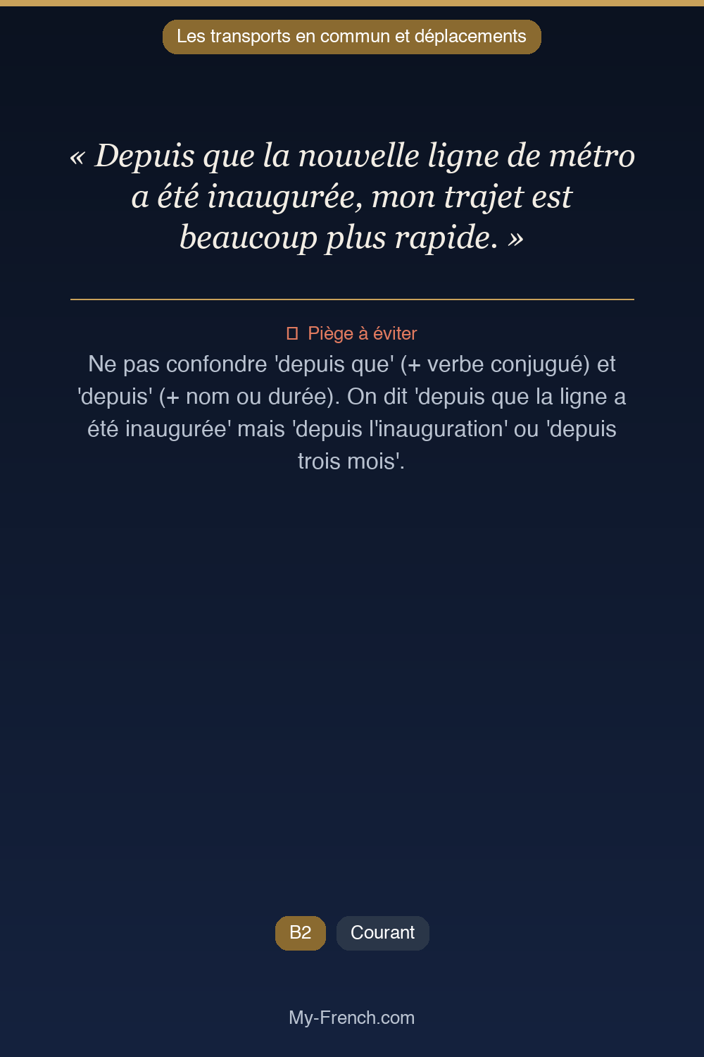 Phrase de français professionnel : Depuis que la nouvelle ligne de métro a été inaugurée, mon trajet est beaucoup plus rapide.