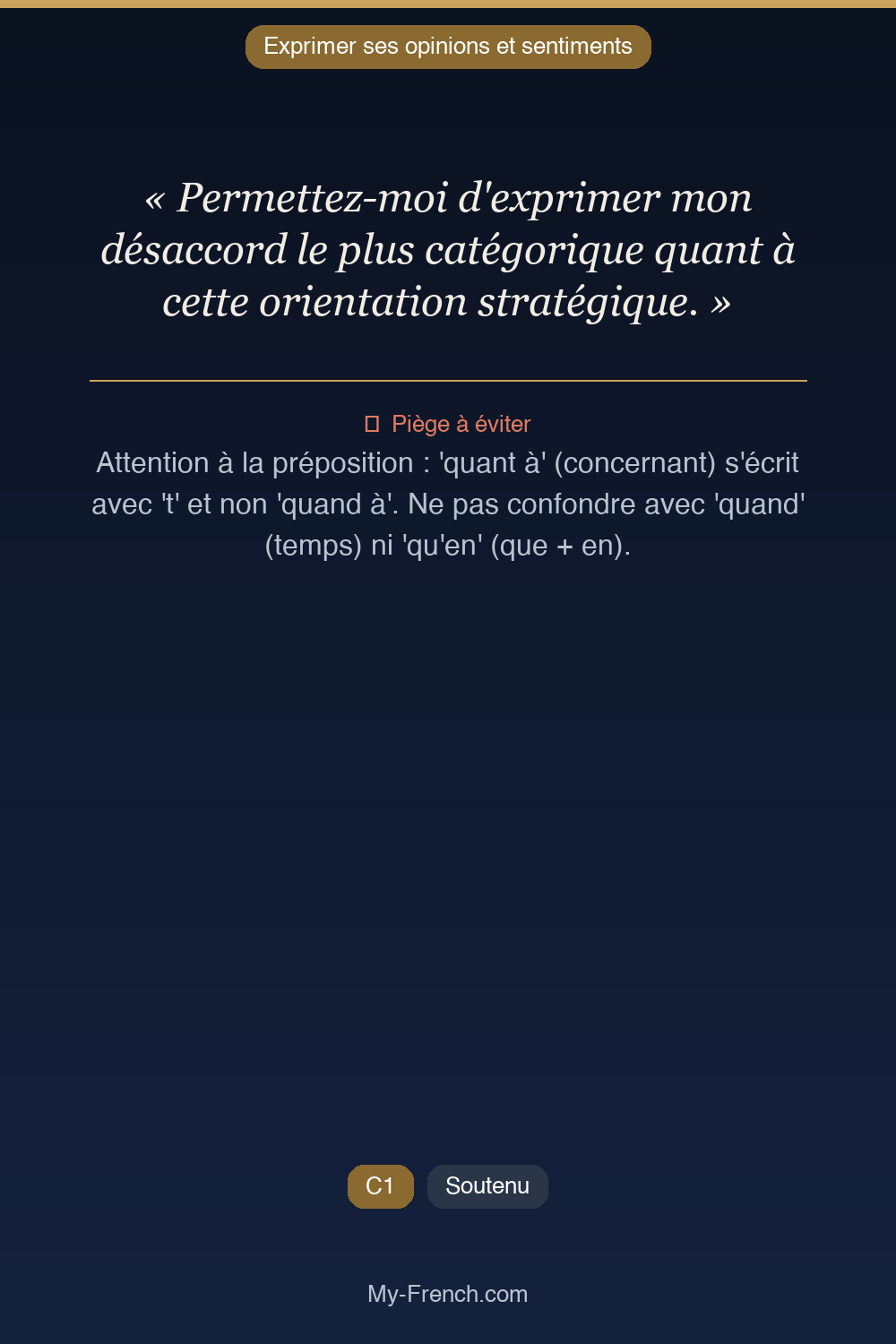 Phrase de français professionnel : Permettez-moi d'exprimer mon désaccord le plus catégorique quant à cette orientation stratégique.