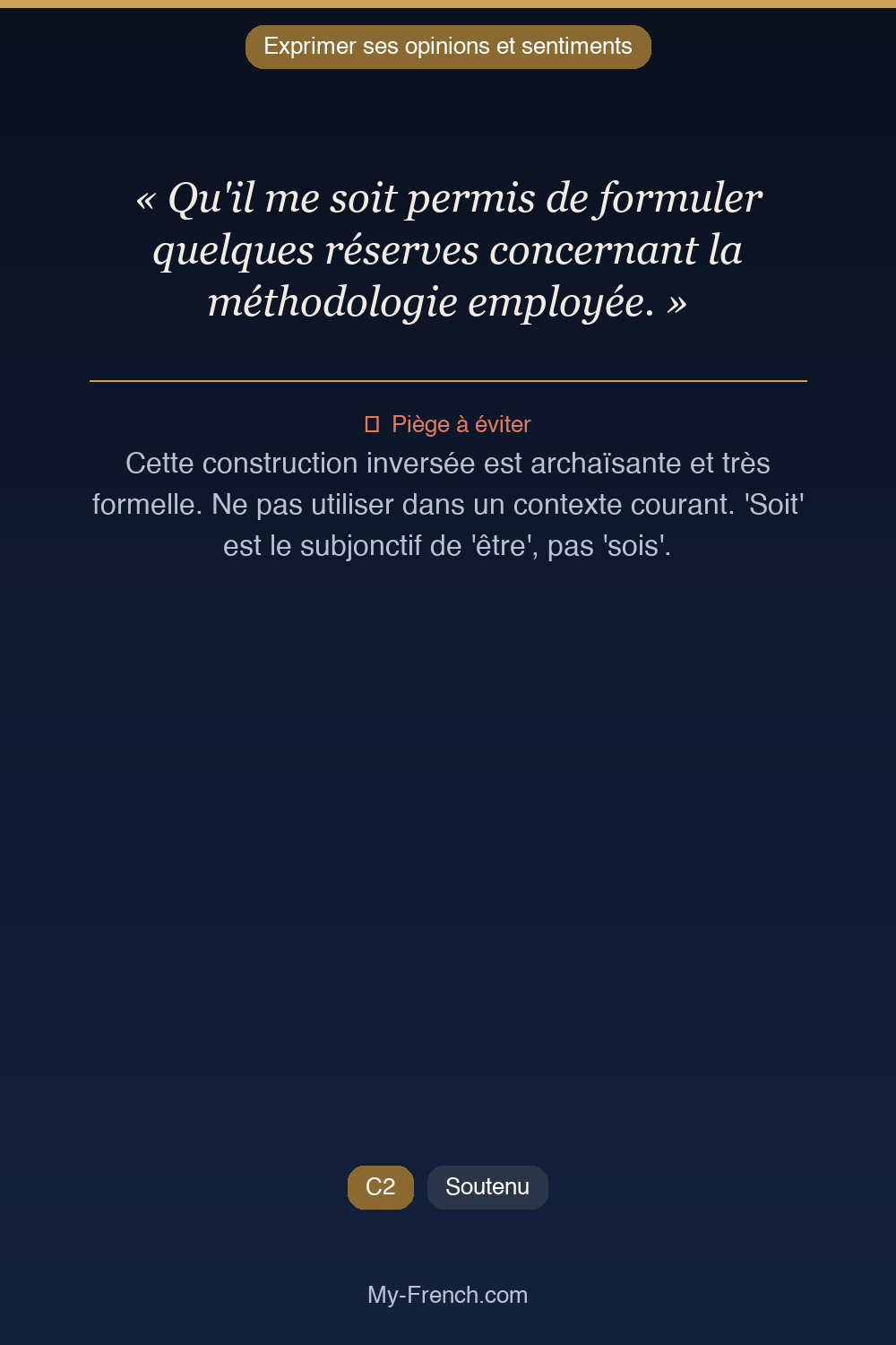 Phrase de français professionnel : Qu'il me soit permis de formuler quelques réserves concernant la méthodologie employée.