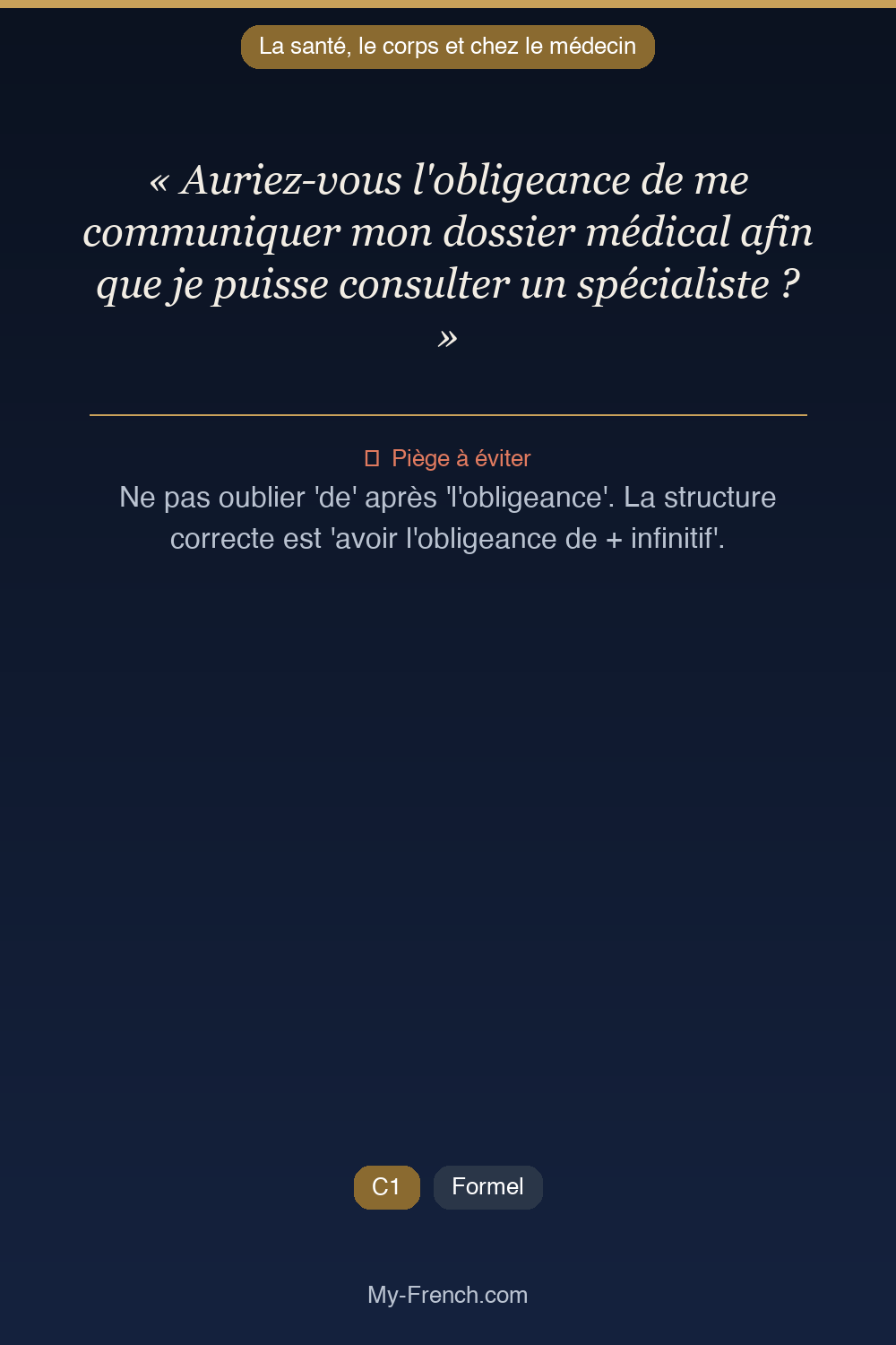Phrase de français professionnel : Auriez-vous l'obligeance de me communiquer mon dossier médical afin que je puisse consulter un spécialiste ?