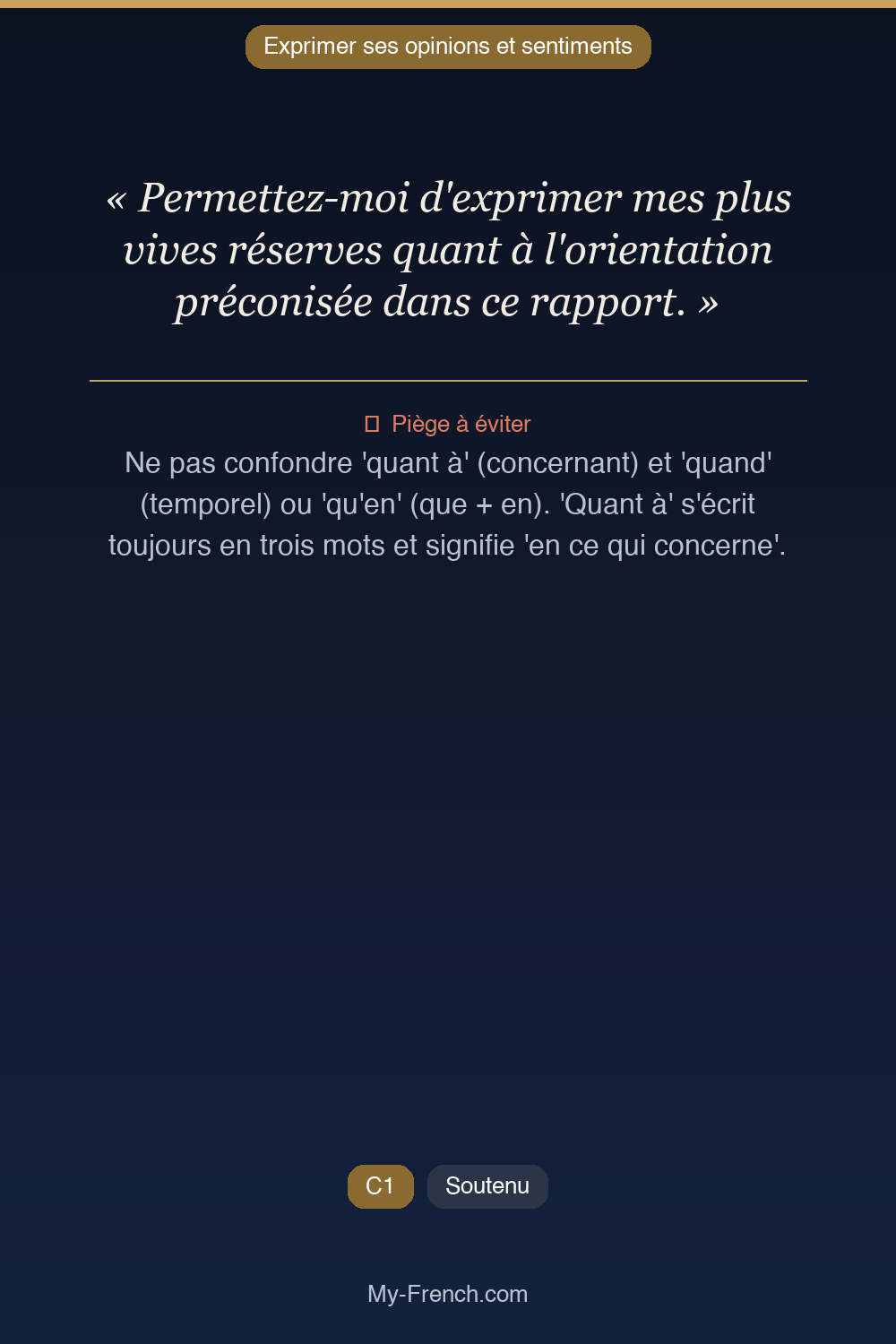 Phrase de français professionnel : Permettez-moi d'exprimer mes plus vives réserves quant à l'orientation préconisée dans ce rapport.