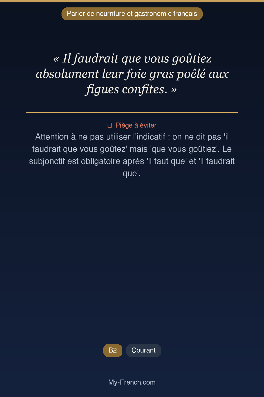 Phrase de français professionnel : Il faudrait que vous goûtiez absolument leur foie gras poêlé aux figues confites.
