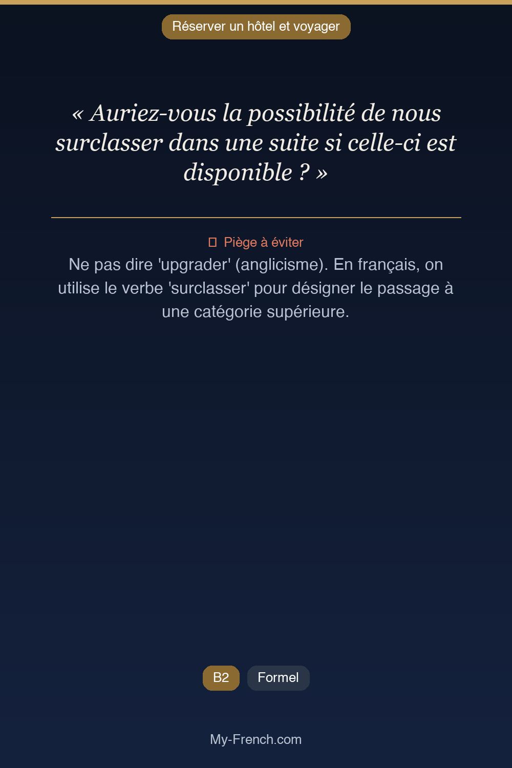 Phrase de français professionnel : Auriez-vous la possibilité de nous surclasser dans une suite si celle-ci est disponible ?